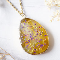 Real Dried Flowers and Resin Necklace, Yellow Geode in Purple Yellow Mix - Thumbnail 2