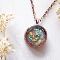 Real Dried Flowers in Resin Necklace, Thick Copper Circle in Rose Gold, Yellow, Green, Blue - Thumbnail 2