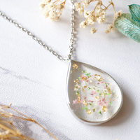 Real Dried Flowers and Resin Necklace, Silver Teardrop in Pink White Green Gold Foil - Thumbnail 1