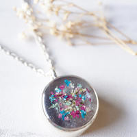 Real Dried Flowers in Resin Necklace, Thick Silver Circle in Magenta Teal White - Thumbnail 2