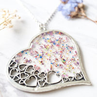 Real Dried Flowers in Resin Necklace, Big Silver Heart in Party Mix - Thumbnail 3