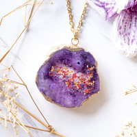 Real Dried Flowers and Resin Necklace, Purple Druzy Geode in Red Orange Purple - Thumbnail 3