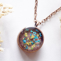 Real Dried Flowers in Resin Necklace, Thick Copper Circle in Rose Gold, Yellow, Green, Blue - Thumbnail 3