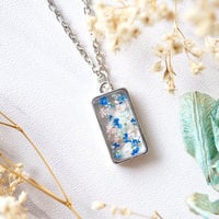 Real Dried Flowers in Resin Necklace, Silver Rectangle in Pink Mint Blue - Thumbnail 2