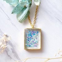 Real Dried Flowers in Resin Necklace, Gold Square in Blue Mint Teal Purple - Thumbnail 3