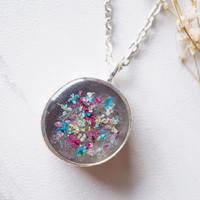 Real Dried Flowers in Resin Necklace, Thick Silver Circle in Magenta Teal White - Thumbnail 3