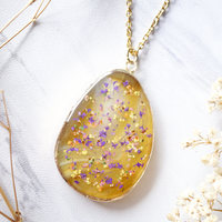 Real Dried Flowers and Resin Necklace, Yellow Geode in Purple Yellow Mix - Thumbnail 3