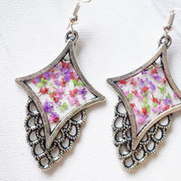 Real Dried Flowers and Resin Earrings in Pink Purple Red Green - Thumbnail 4