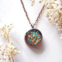 Real Dried Flowers in Resin Necklace, Thick Copper Circle in Rose Gold, Yellow, Green, Blue - Thumbnail 4
