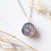 Real Dried Flowers in Resin Necklace, Thick Silver Circle in Magenta Teal White - Thumbnail 4
