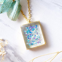 Real Dried Flowers in Resin Necklace, Gold Square in Blue Mint Teal Purple - Thumbnail 4