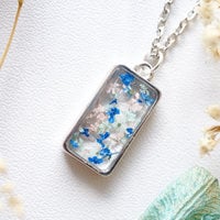 Real Dried Flowers in Resin Necklace, Silver Rectangle in Pink Mint Blue - Thumbnail 3