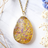 Real Dried Flowers and Resin Necklace, Yellow Geode in Purple Yellow Mix - Thumbnail 4