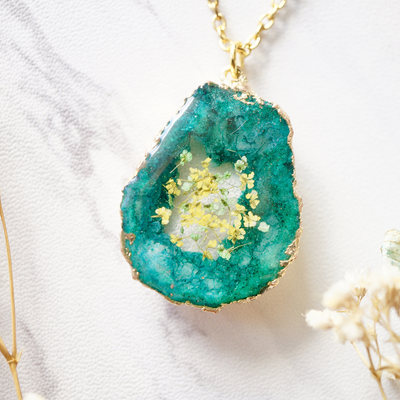 Real dried flowers and resin necklace, emerald green druzy geode in yellow and green