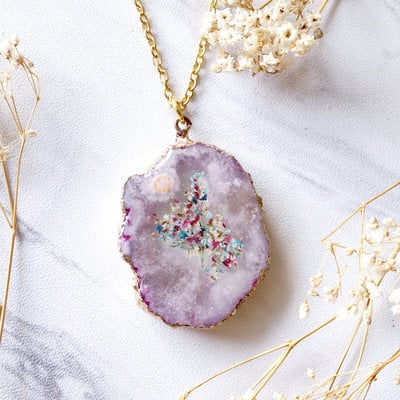 Real dried flowers and resin necklace, pink druzy geode in white teal magenta