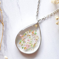 Real Dried Flowers and Resin Necklace, Silver Teardrop in Pink White Green Gold Foil - Thumbnail 3
