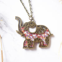 Real Dried Flowers in Resin Tribal Elephant Necklace in Pink Purple Orange - Thumbnail 1