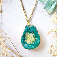 Real Dried Flowers and Resin Necklace, Emerald Green Druzy Geode in Yellow and Green - Thumbnail 1
