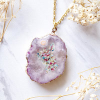 Real Dried Flowers and Resin Necklace, Pink Druzy Geode in White Teal Magenta - Thumbnail 1