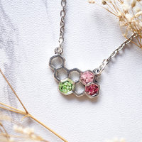 Real Dried Flowers in Honeycomb Resin Necklace in Green and Pinks - Thumbnail 3