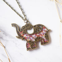 Real Dried Flowers in Resin Tribal Elephant Necklace in Pink Purple Orange - Thumbnail 3