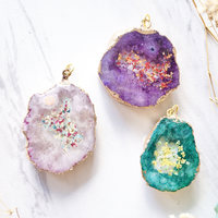 Real Dried Flowers and Resin Necklace, Pink Druzy Geode in White Teal Magenta - Thumbnail 2