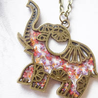 Real Dried Flowers in Resin Tribal Elephant Necklace in Pink Purple Orange - Thumbnail 4