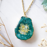 Real Dried Flowers and Resin Necklace, Emerald Green Druzy Geode in Yellow and Green - Thumbnail 4