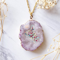 Real Dried Flowers and Resin Necklace, Pink Druzy Geode in White Teal Magenta - Thumbnail 4