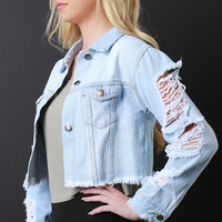 Distressed Crop Denim Jacket - Thumbnail 1