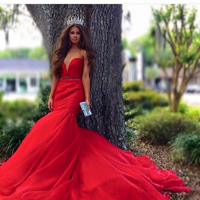 Hot sale sweetheart beading red mermaid satin long train evening dresses - Thumbnail 2