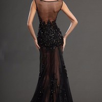Black Crystal Vestidos de noche Largo mermaid Applique Sheer O-Neck Backless Sexy Long Evening Dresses New arrival - Thumbnail 1