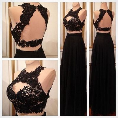 Two pieces black prom dress ,lace top open back long a-line chiffon long prom dresses