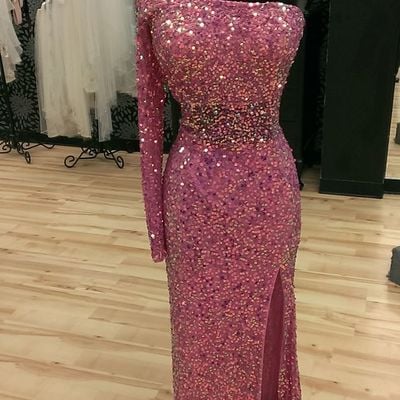 Sparkle sequins prom evening dress,one long sleeves unique prom dress,side split charming prom dress