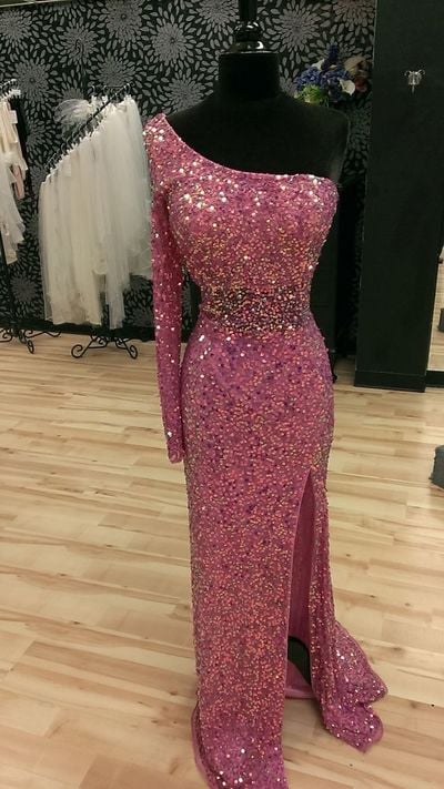 Sparkle Sequins Prom Evening Dress,One Long Sleeves Unique Prom Dress,Side Split Charming Prom Dress