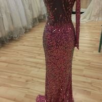 Sparkle Sequins Prom Evening Dress,One Long Sleeves Unique Prom Dress,Side Split Charming Prom Dress - Thumbnail 1