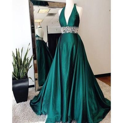 Teal Green Halter Elegant V Neck Open Back Long Prom Dresses