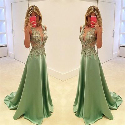 V-neck long appliques prom dress, 2017 sleeveless a-line evening dresses