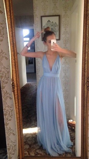 Light Sky Blue Cut Low Split Side Long Prom Dresses for Women