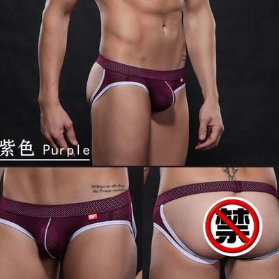 Purple men's sexy underwer hollow out mesh perforated holes briefs underpants panties #4003sd