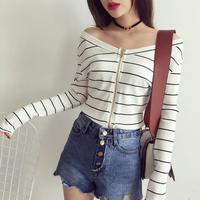 Off Shoulder Zipper Long Sleeve Stripe Shirts - Thumbnail 1