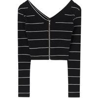 Off Shoulder Zipper Long Sleeve Stripe Shirts - Thumbnail 3