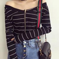 Off Shoulder Zipper Long Sleeve Stripe Shirts - Thumbnail 4