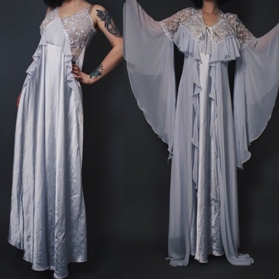  claimed @jamie.higgins.  - vintage 80s silver-blue satin and lace bell sleeve dressing gown set 