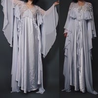  CLAIMED @jamie.higgins._ - Vintage 80s Silver-Blue Satin and Lace Bell Sleeve Dressing Gown Set  - Thumbnail 3
