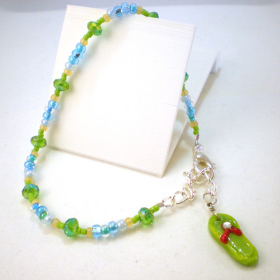 Adjustable aqua and lime green anklet with flip flop charm - Thumbnail 2