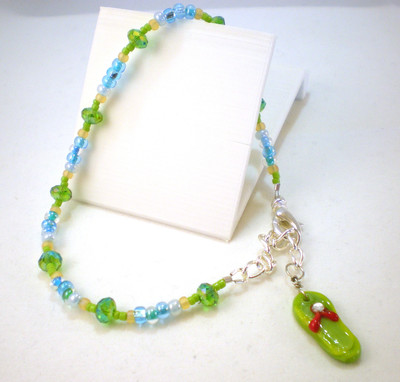 Adjustable Aqua and Lime Green Anklet with Flip Flop Charm
