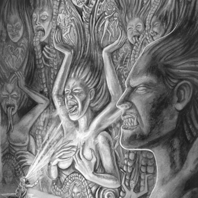 League of elder  "cylinderof ugly faces"  interior published illustration artwork 