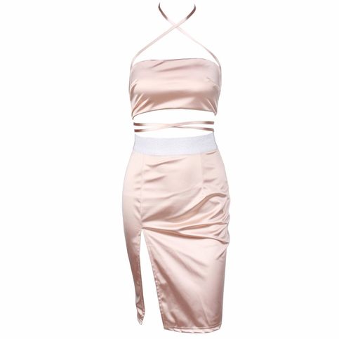 Pink Elegant Satin Cut Out Two Pieces Set