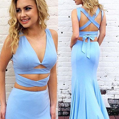 Mermaid two-piece sexy v-neck blue long prom/evening dress